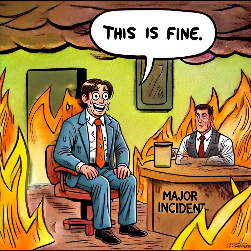 Eine interpretation eines Memes. Ein Manager sitzt in einem Brennenden Raum der Geschäftsführung gegenüber. Das Bild ist KI-Generiert.